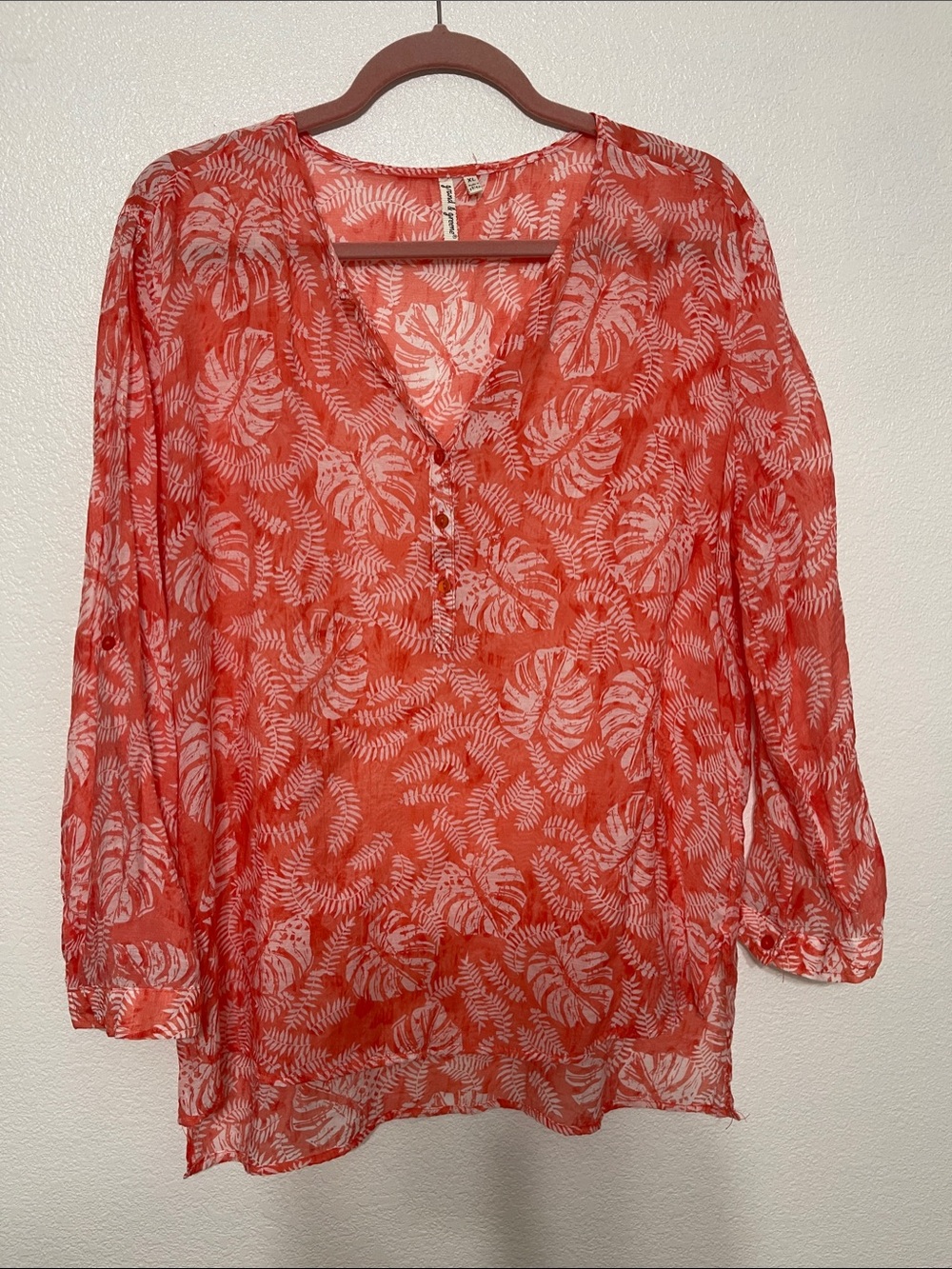 grand & greene Coral Leaf-Print V-Neck Tunic